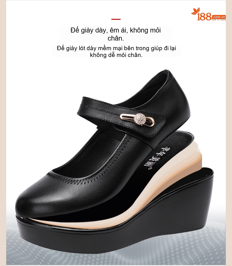 Giày Búp Bê Nữ Đế Xuồng Da Bóng Chiều Cao Đế 6cm Màu Đen, Nâu, Đỏ chi tiết 7