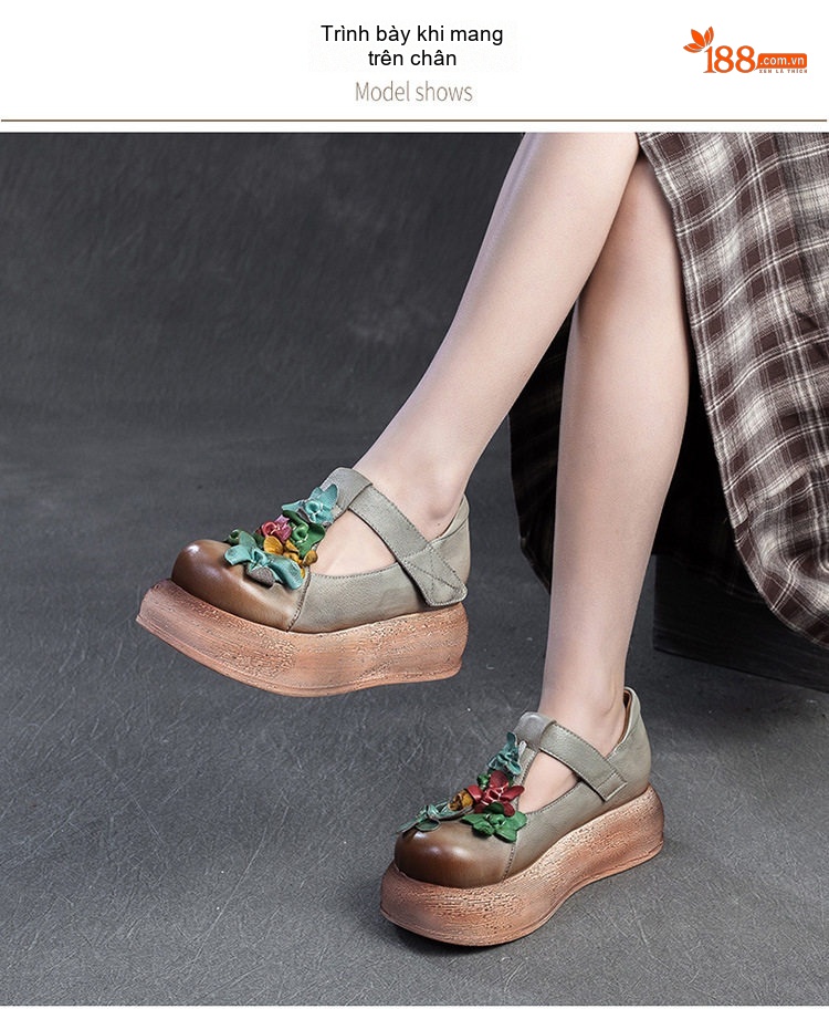 Giày Búp Bê Nữ Đế Xuồng Dán (Miếng Dán) Phong Cách Vintage Chiều Cao Đế Khoảng 5cm Màu Nâu, Xám chi tiết 6