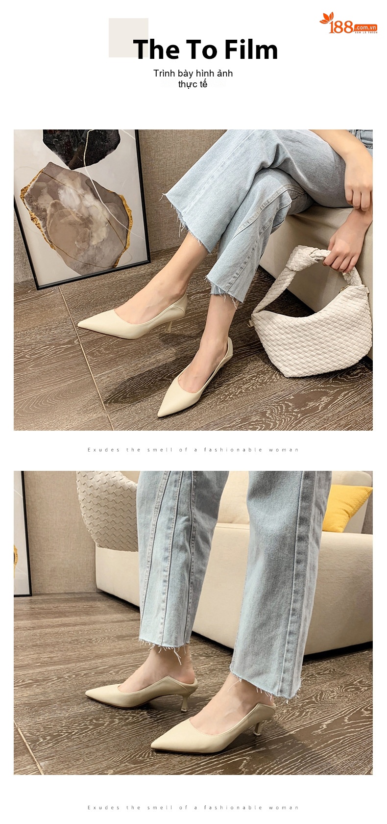 Giày Búp Bê Nữ Gót Nhọn Chiều Cao Đế Khoảng 3cm Da Bóng Màu Đen, Kem, Vàng, Xám... chi tiết 5