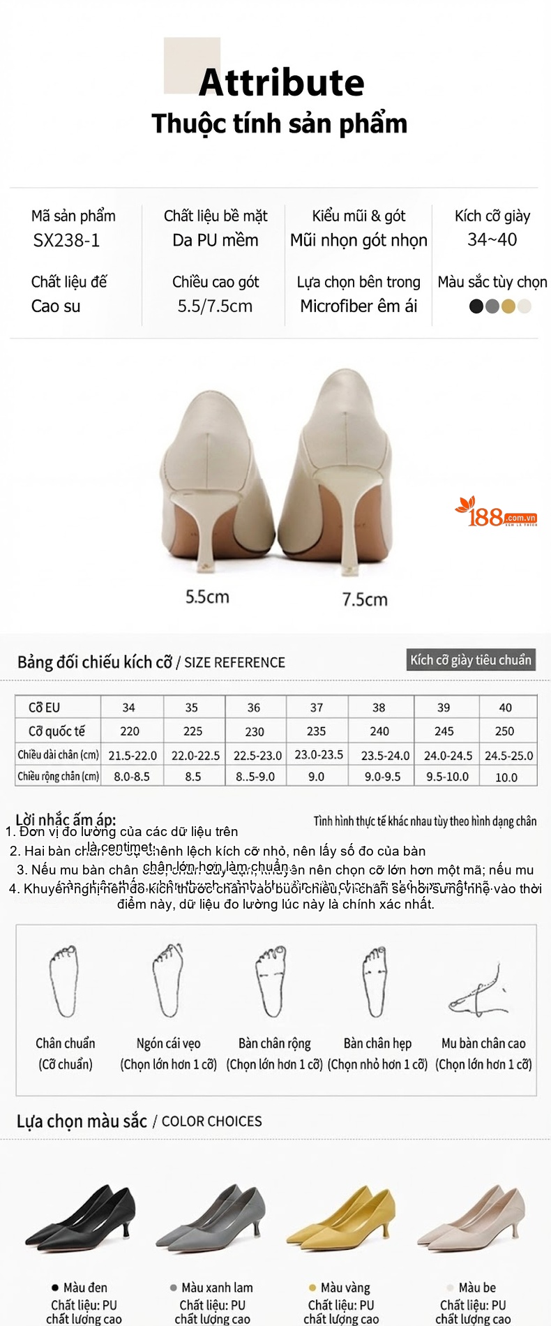 Giày Búp Bê Nữ Gót Nhọn Chiều Cao Đế Khoảng 3cm Da Bóng Màu Đen, Kem, Vàng, Xám... chi tiết 2