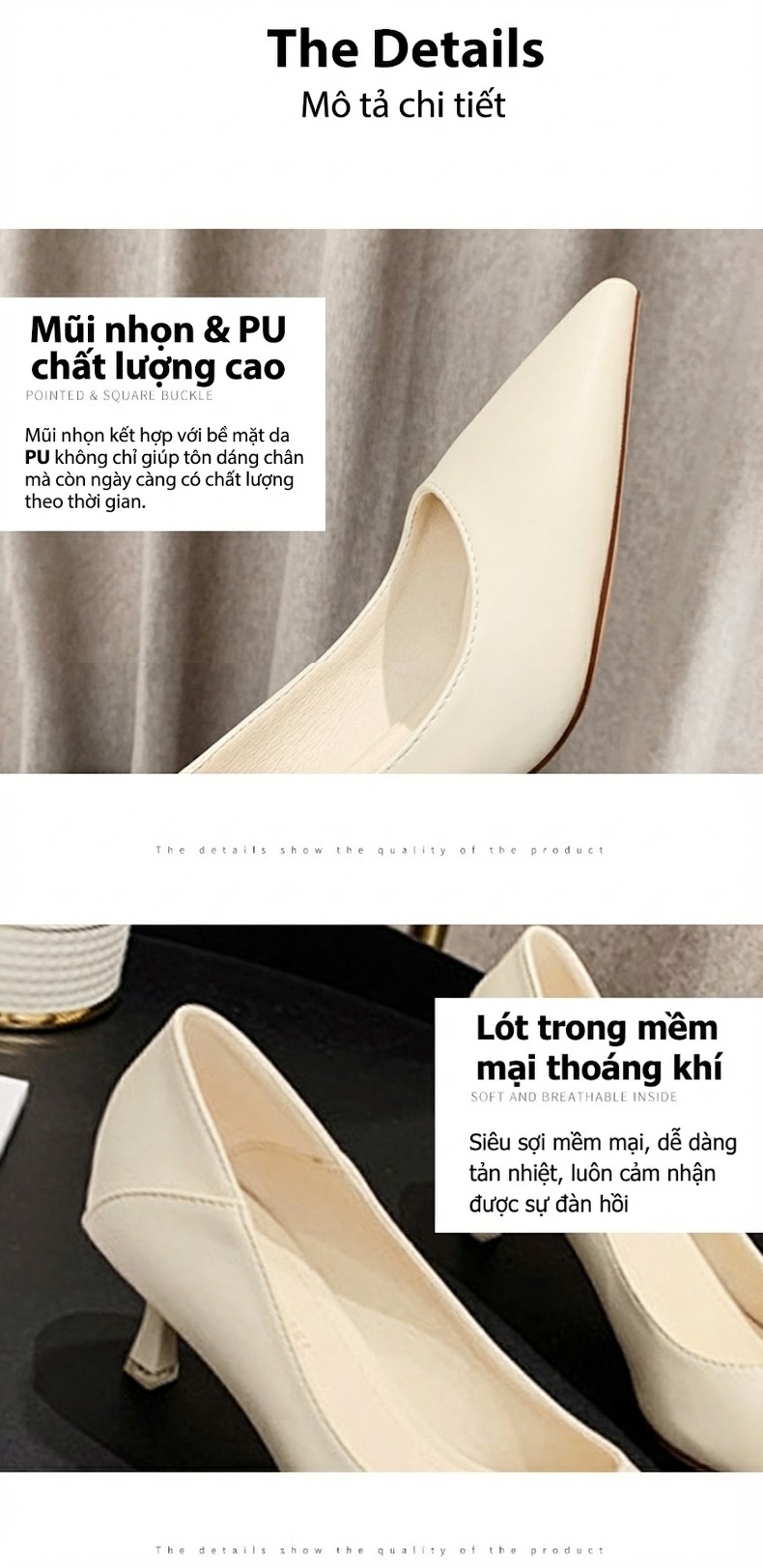 Giày Búp Bê Nữ Gót Nhọn Chiều Cao Đế Khoảng 3cm Da Bóng Màu Đen, Kem, Vàng, Xám... chi tiết 3