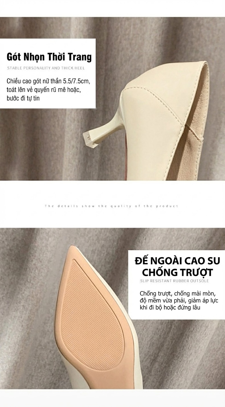 Giày Búp Bê Nữ Gót Nhọn Chiều Cao Đế Khoảng 3cm Da Bóng Màu Đen, Kem, Vàng, Xám... chi tiết 4