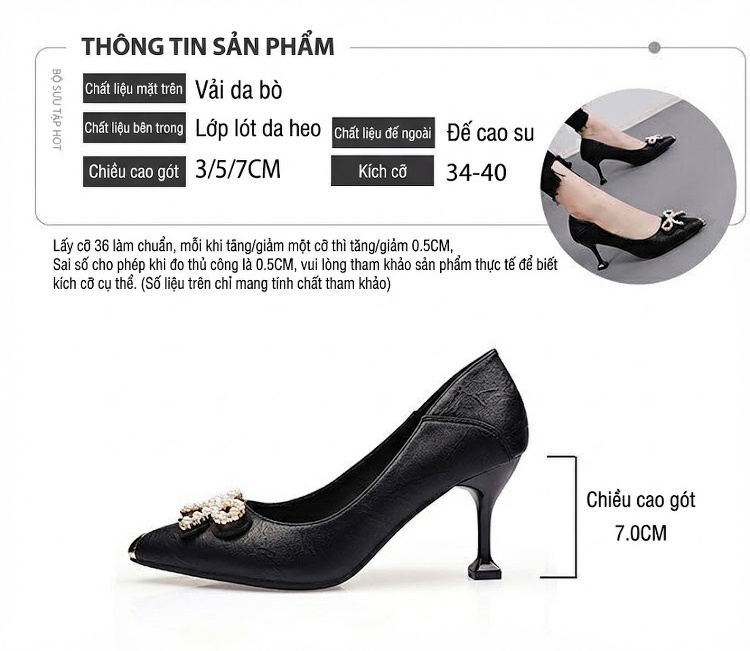 Giày Búp Bê Nữ Gót Nhọn Chiều Cao Đế Khoảng 5cm Thiết Kế Đính Nơ Màu Đen, Kem chi tiết 3
