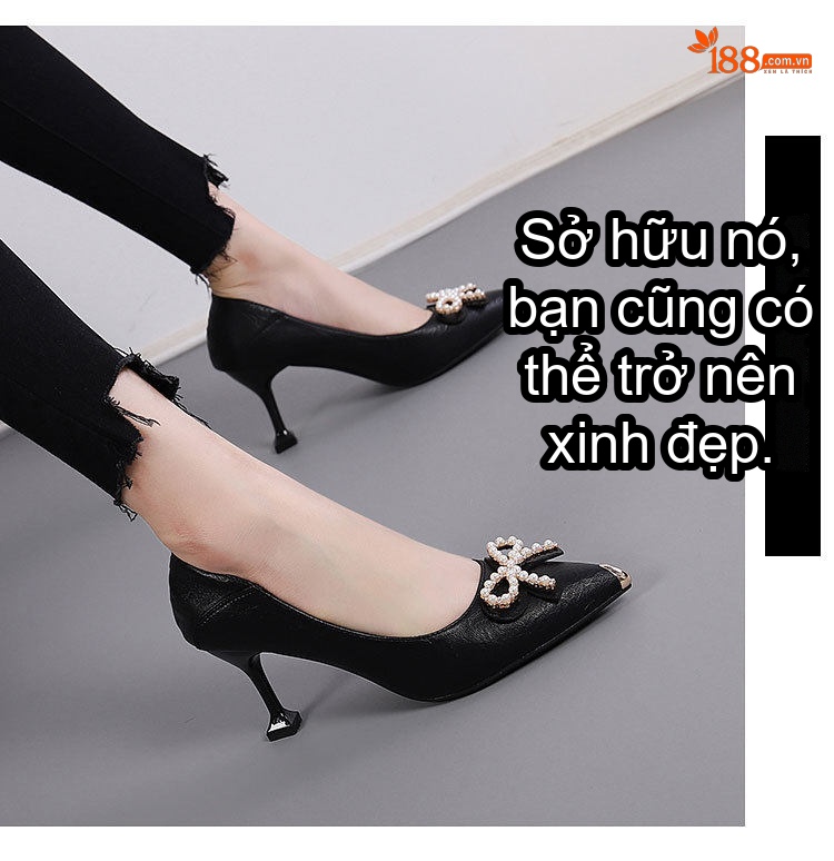 Giày Búp Bê Nữ Gót Nhọn Chiều Cao Đế Khoảng 5cm Thiết Kế Đính Nơ Màu Đen, Kem chi tiết 10
