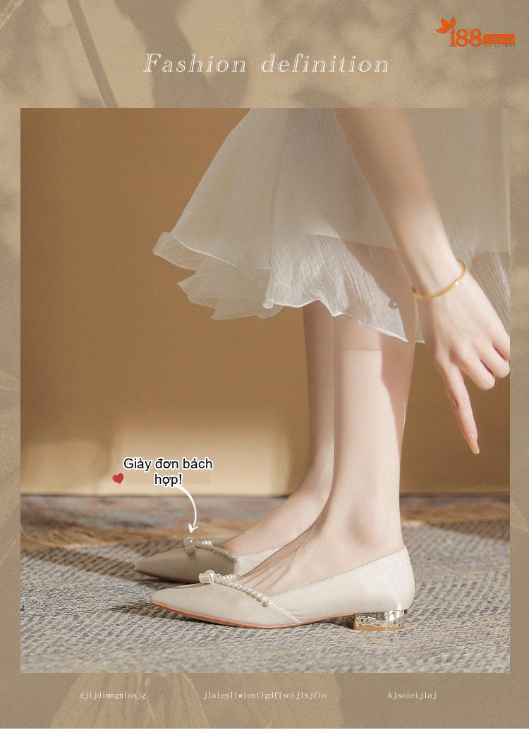 Giày Búp Bê Nữ Gót Vuông Chiều Cao Đế Khoảng 3cm Thiết Kế 2in1 Đính Hạt Màu Đỏ, Kem chi tiết 1