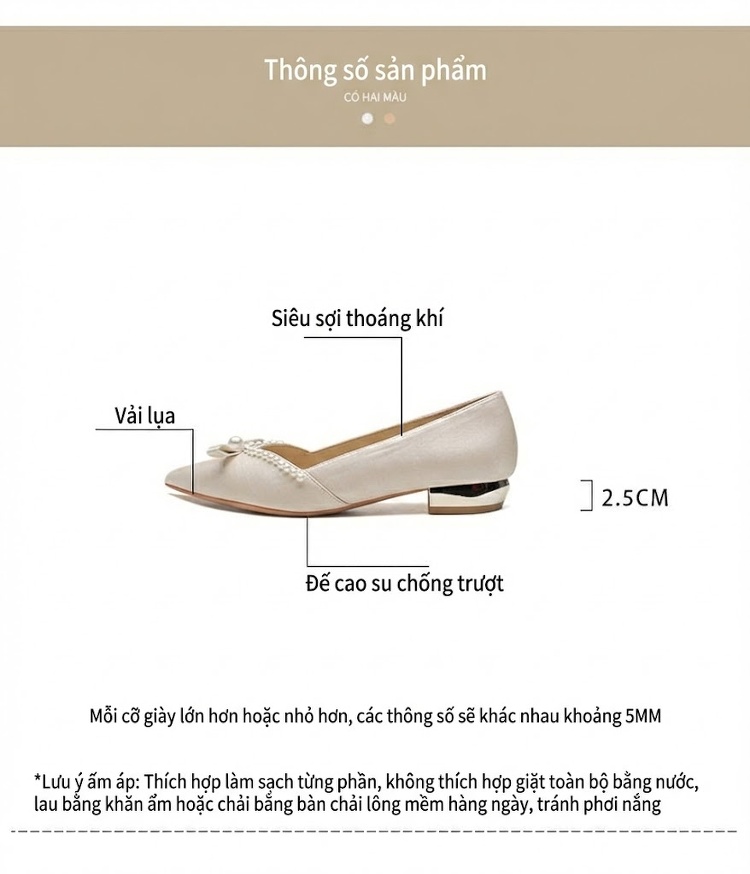 Giày Búp Bê Nữ Gót Vuông Chiều Cao Đế Khoảng 3cm Thiết Kế 2in1 Đính Hạt Màu Đỏ, Kem chi tiết 4