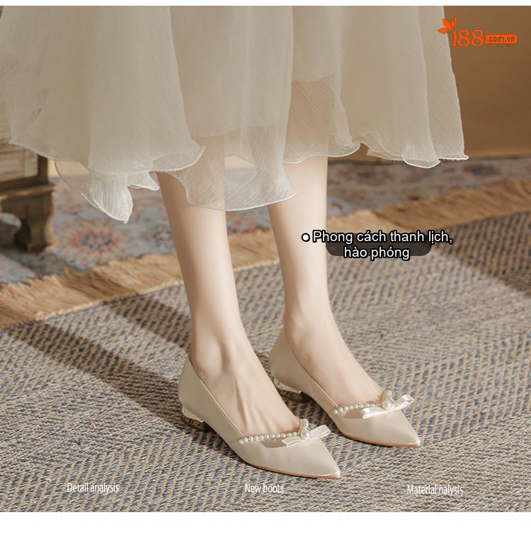Giày Búp Bê Nữ Gót Vuông Chiều Cao Đế Khoảng 3cm Thiết Kế 2in1 Đính Hạt Màu Đỏ, Kem chi tiết 5
