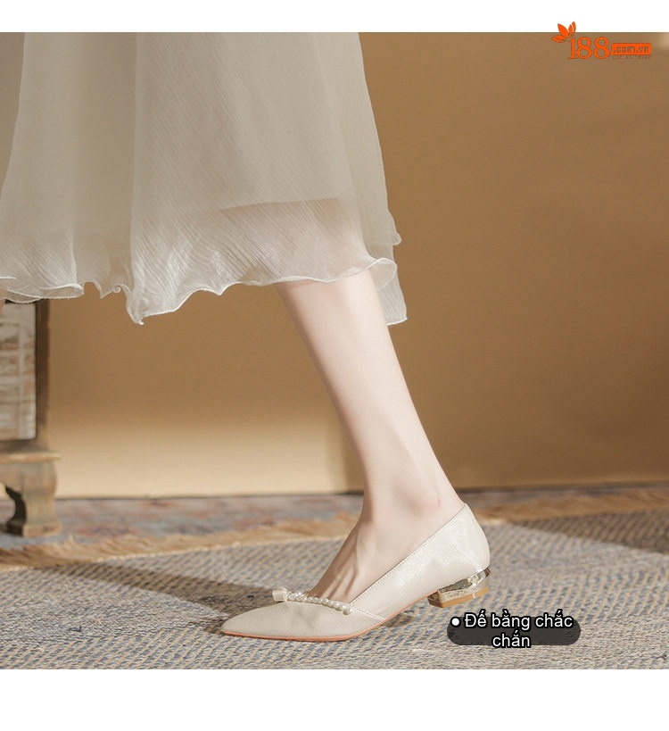 Giày Búp Bê Nữ Gót Vuông Chiều Cao Đế Khoảng 3cm Thiết Kế 2in1 Đính Hạt Màu Đỏ, Kem chi tiết 6