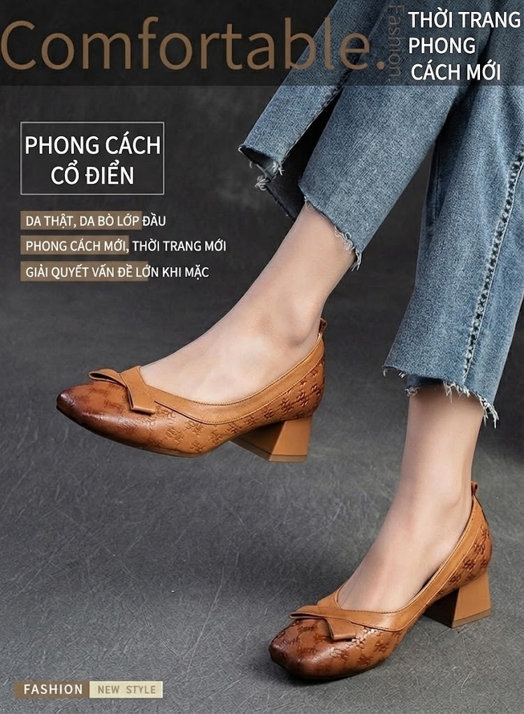 Giày Búp Bê Nữ Gót Vuông Da Bóng Chiều Cao Đế Khoảng 5cm Phong Cách Anh Quốc Màu Đen, Nâu chi tiết 1
