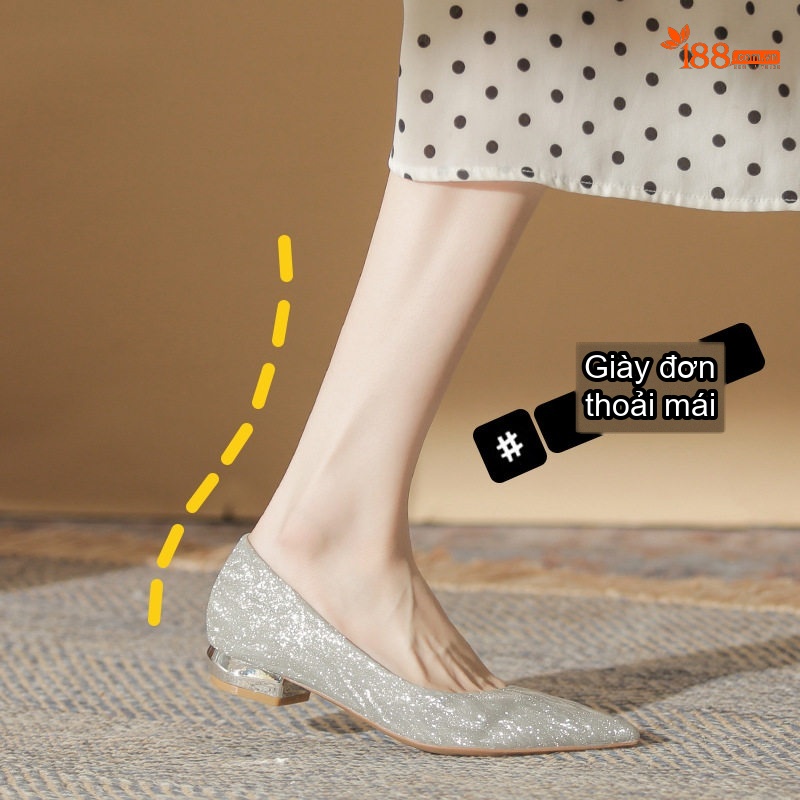 Giày Búp Bê Nữ Gót Vuông Thấp Mũi Nhọn Chiều Cao Đế Khoảng 3cm Màu Bạc