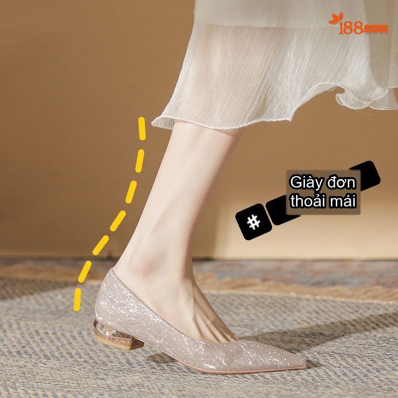 Giày Búp Bê Nữ Gót Vuông Thấp Mũi Nhọn Chiều Cao Đế Khoảng 3cm Màu Bạc