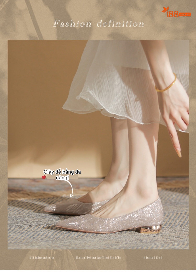 Giày Búp Bê Nữ Gót Vuông Thấp Mũi Nhọn Chiều Cao Đế Khoảng 3cm Màu Bạc chi tiết 1