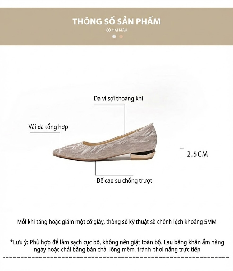 Giày Búp Bê Nữ Gót Vuông Thấp Mũi Nhọn Chiều Cao Đế Khoảng 3cm Màu Bạc chi tiết 4