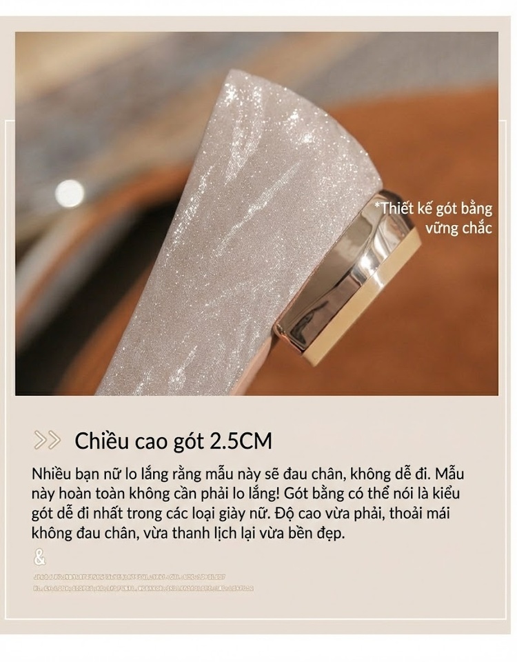 Giày Búp Bê Nữ Gót Vuông Thấp Mũi Nhọn Chiều Cao Đế Khoảng 3cm Màu Bạc chi tiết 8