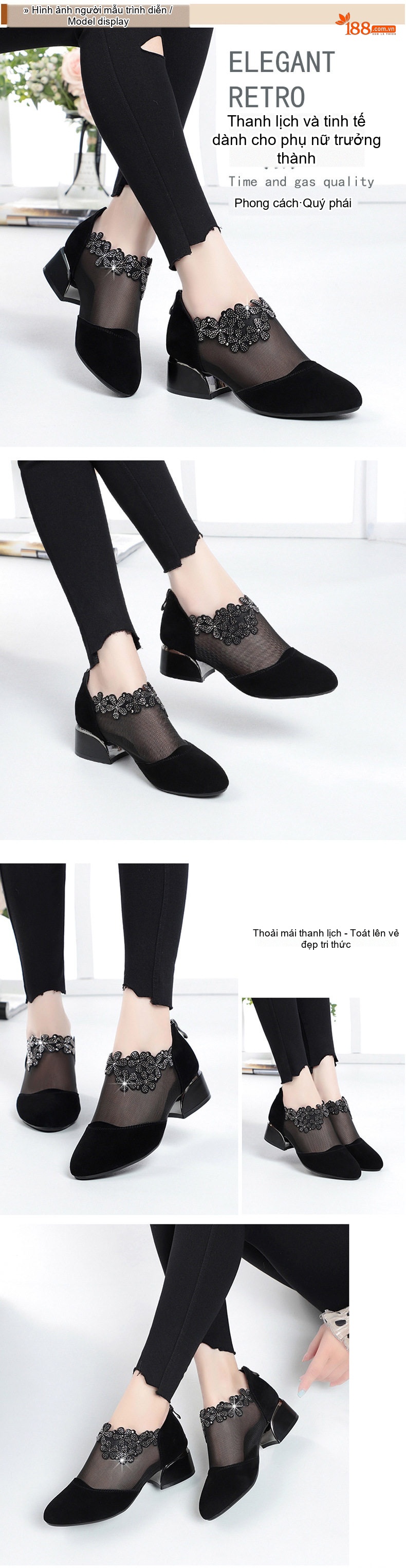 Giày Búp Bê Nữ Lưới Lỗ Thoáng Khí Da Mờ Chiều Cao Đế Khoảng 3cm Màu Đen chi tiết 4