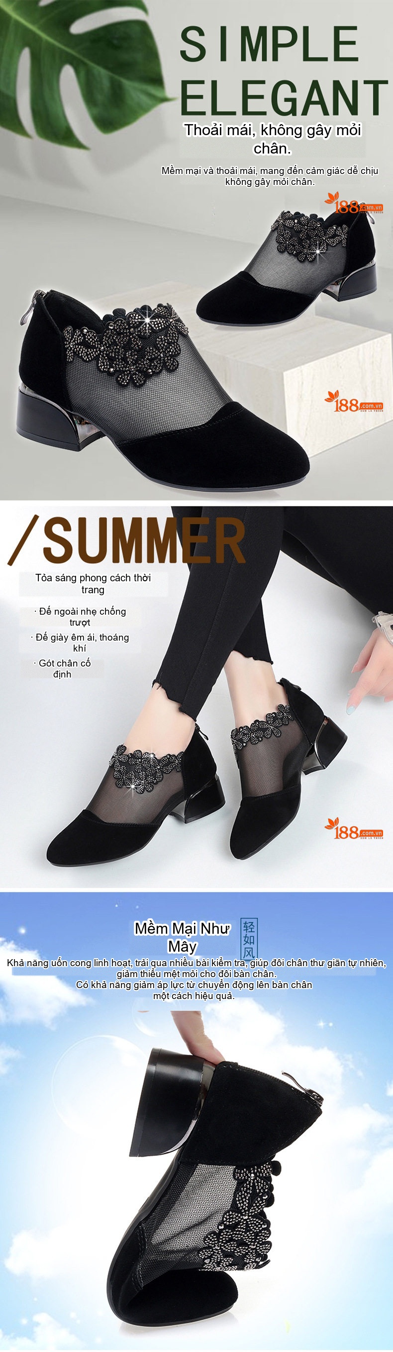 Giày Búp Bê Nữ Lưới Lỗ Thoáng Khí Da Mờ Chiều Cao Đế Khoảng 3cm Màu Đen chi tiết 1
