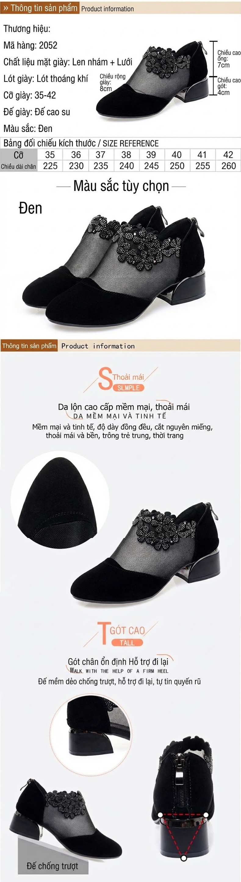 Giày Búp Bê Nữ Lưới Lỗ Thoáng Khí Da Mờ Chiều Cao Đế Khoảng 3cm Màu Đen chi tiết 2