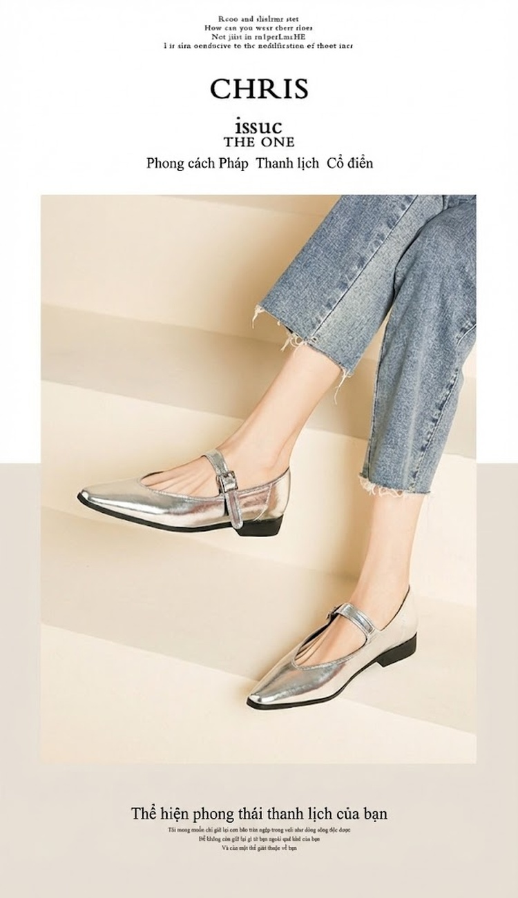 Giày Búp Bê Nữ Mũi Nhọn Da Bóng Quai Ngang Chiều Cao Đế Khoảng 2cm Phong Cách Tiểu Thư Màu Bạc, Đen, Kem chi tiết 4