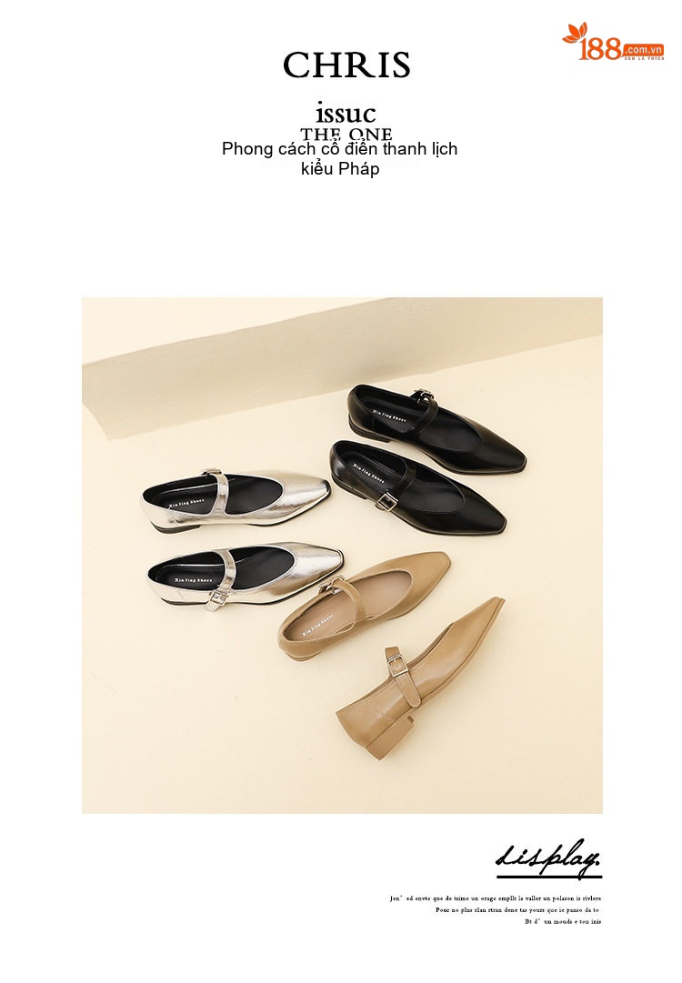 Giày Búp Bê Nữ Mũi Nhọn Da Bóng Quai Ngang Chiều Cao Đế Khoảng 2cm Phong Cách Tiểu Thư Màu Bạc, Đen, Kem chi tiết 10
