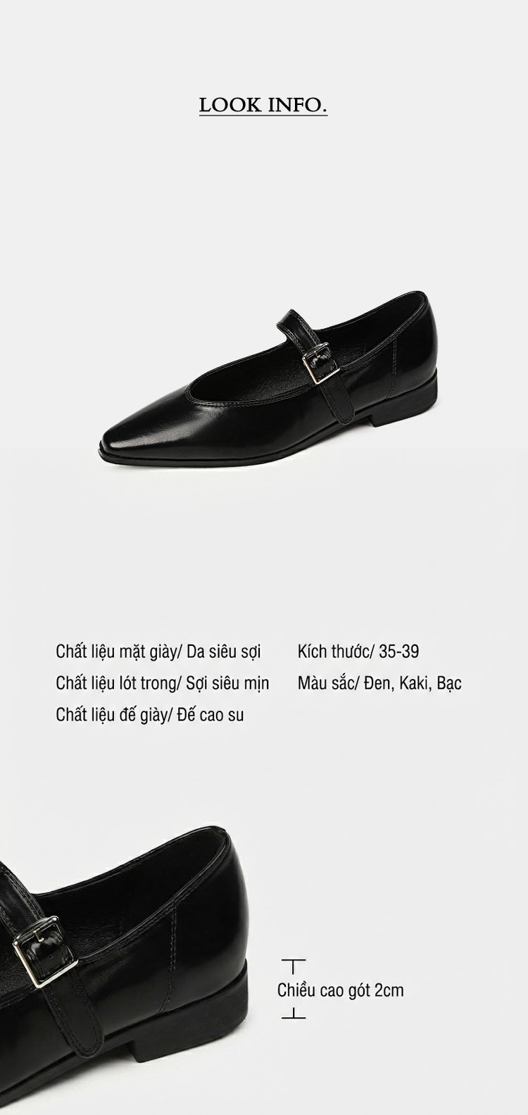 Giày Búp Bê Nữ Mũi Nhọn Da Bóng Quai Ngang Chiều Cao Đế Khoảng 2cm Phong Cách Tiểu Thư Màu Bạc, Đen, Kem chi tiết 2