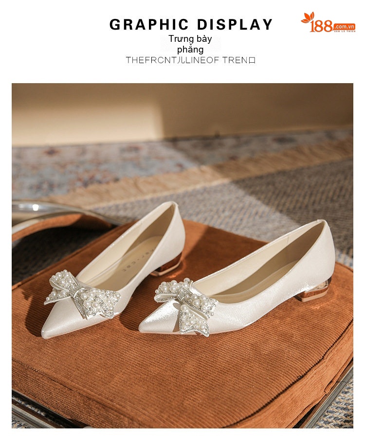 Giày Búp Bê Nữ Mũi Nhọn Đế Vuông Chiều Cao Đế Khoảng 3cm Trang Trí Nơ Màu Đỏ, Trắng Kem chi tiết 22