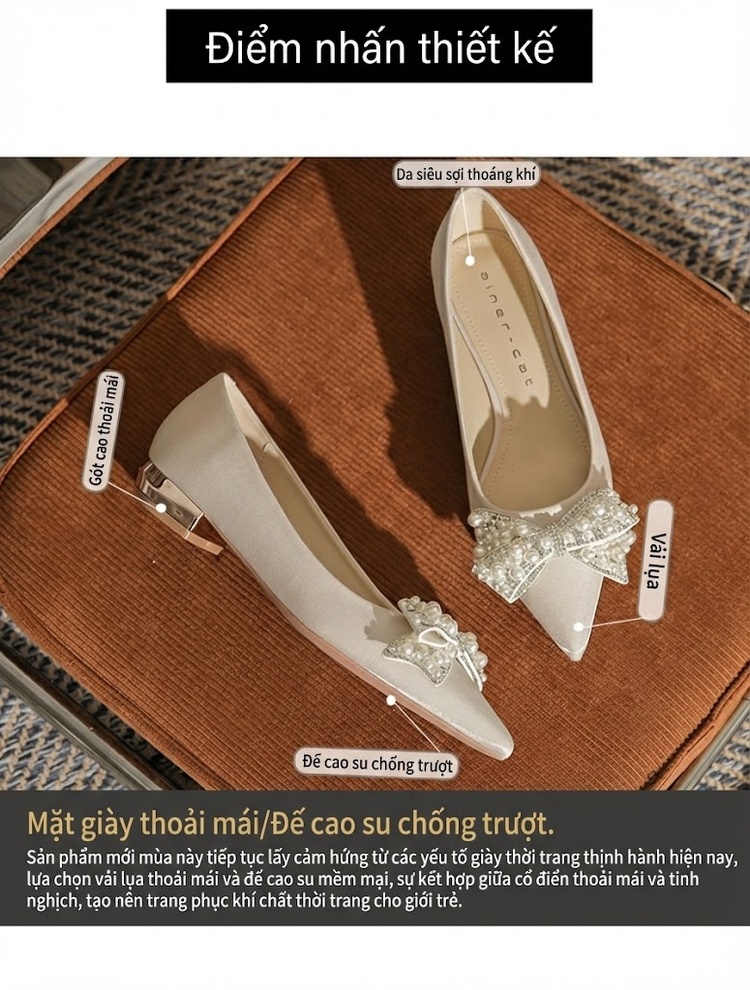 Giày Búp Bê Nữ Mũi Nhọn Đế Vuông Chiều Cao Đế Khoảng 3cm Trang Trí Nơ Màu Đỏ, Trắng Kem chi tiết 2