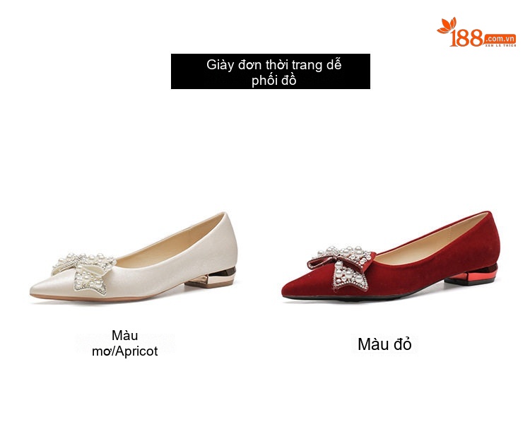 Giày Búp Bê Nữ Mũi Nhọn Đế Vuông Chiều Cao Đế Khoảng 3cm Trang Trí Nơ Màu Đỏ, Trắng Kem chi tiết 5
