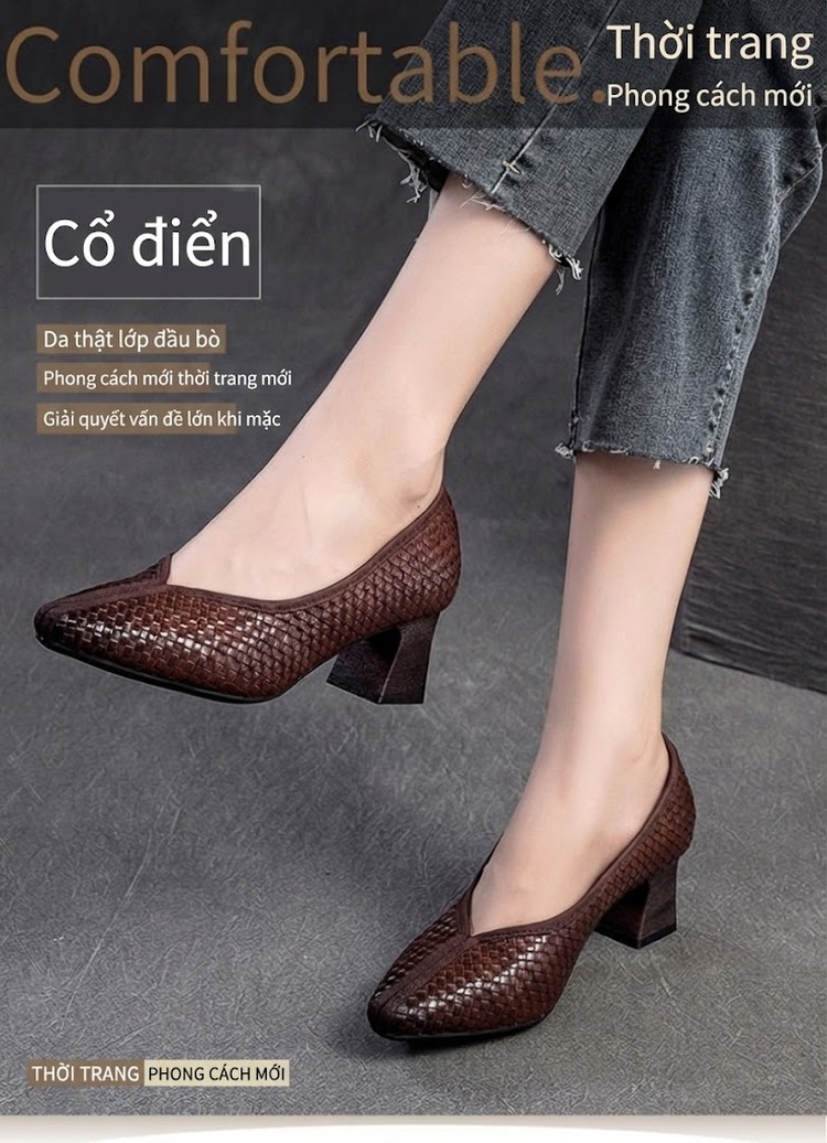 Giày Búp Bê Nữ Mũi Nhọn Dệt Phong Cách Retro Chiều Cao Đế Khoảng 4cm Màu Đen, Nâu chi tiết 1