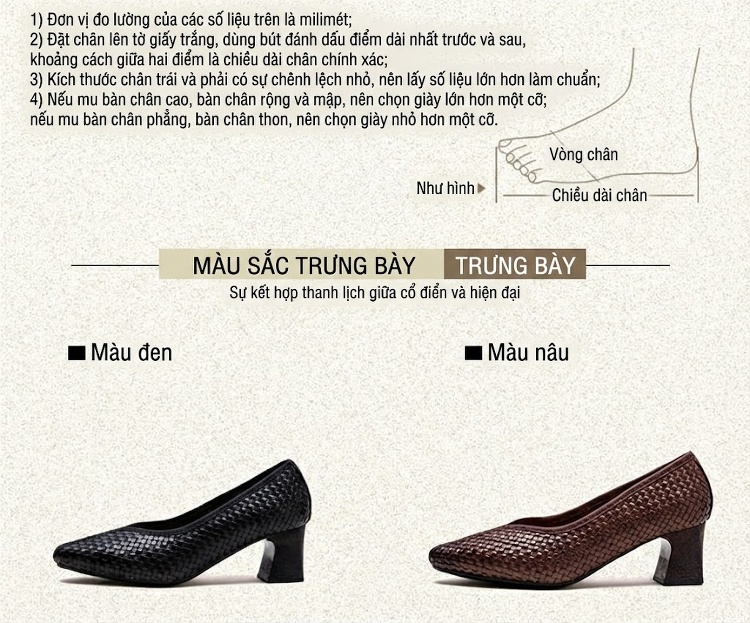 Giày Búp Bê Nữ Mũi Nhọn Dệt Phong Cách Retro Chiều Cao Đế Khoảng 4cm Màu Đen, Nâu chi tiết 2