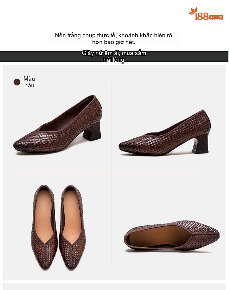 Giày Búp Bê Nữ Mũi Nhọn Dệt Phong Cách Retro Chiều Cao Đế Khoảng 4cm Màu Đen, Nâu chi tiết 16