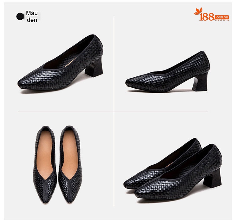 Giày Búp Bê Nữ Mũi Nhọn Dệt Phong Cách Retro Chiều Cao Đế Khoảng 4cm Màu Đen, Nâu chi tiết 17