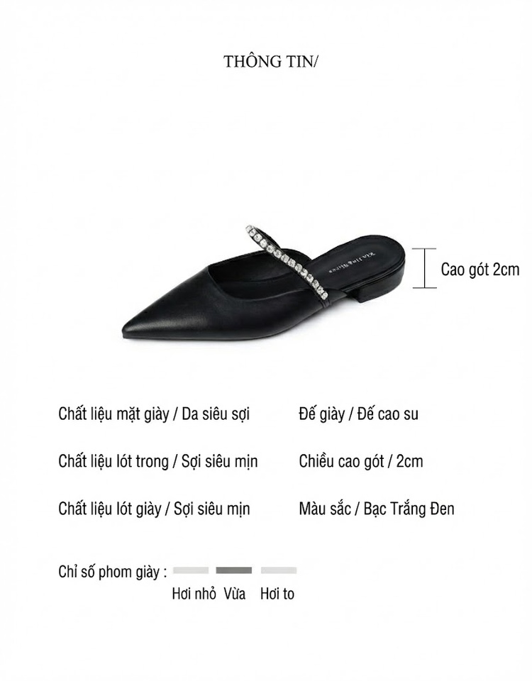 Giày Búp Bê Nữ Mũi Nhọn Đính Đá Chiều Cao Đế Khoảng 1cm Màu Bạc, Đen, Trắng chi tiết 2