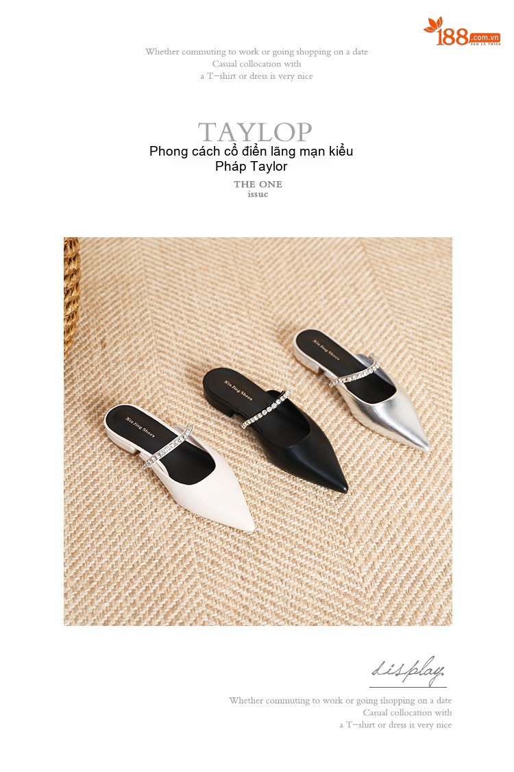 Giày Búp Bê Nữ Mũi Nhọn Đính Đá Chiều Cao Đế Khoảng 1cm Màu Bạc, Đen, Trắng chi tiết 24