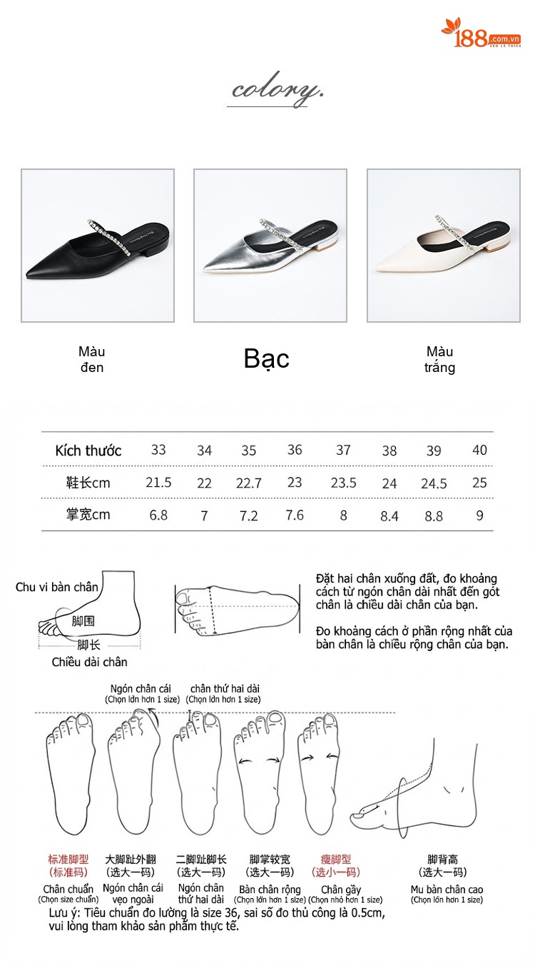 Giày Búp Bê Nữ Mũi Nhọn Đính Đá Chiều Cao Đế Khoảng 1cm Màu Bạc, Đen, Trắng chi tiết 4