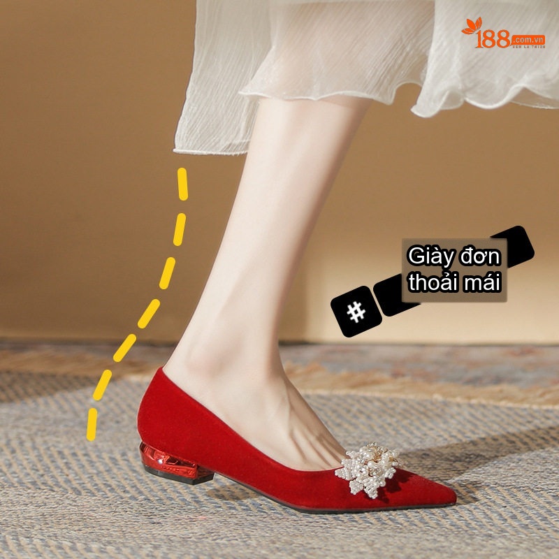 Giày Búp Bê Nữ Mũi Nhọn Đính Hạt Chiều Cao Đế Khoảng 3cm Màu Đỏ, Trắng