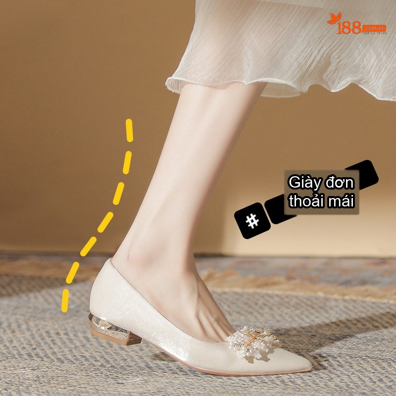 Giày Búp Bê Nữ Mũi Nhọn Đính Hạt Chiều Cao Đế Khoảng 3cm Màu Đỏ, Trắng