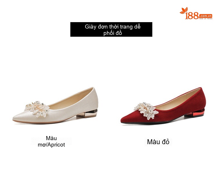 Giày Búp Bê Nữ Mũi Nhọn Đính Hạt Chiều Cao Đế Khoảng 3cm Màu Đỏ, Trắng chi tiết 4