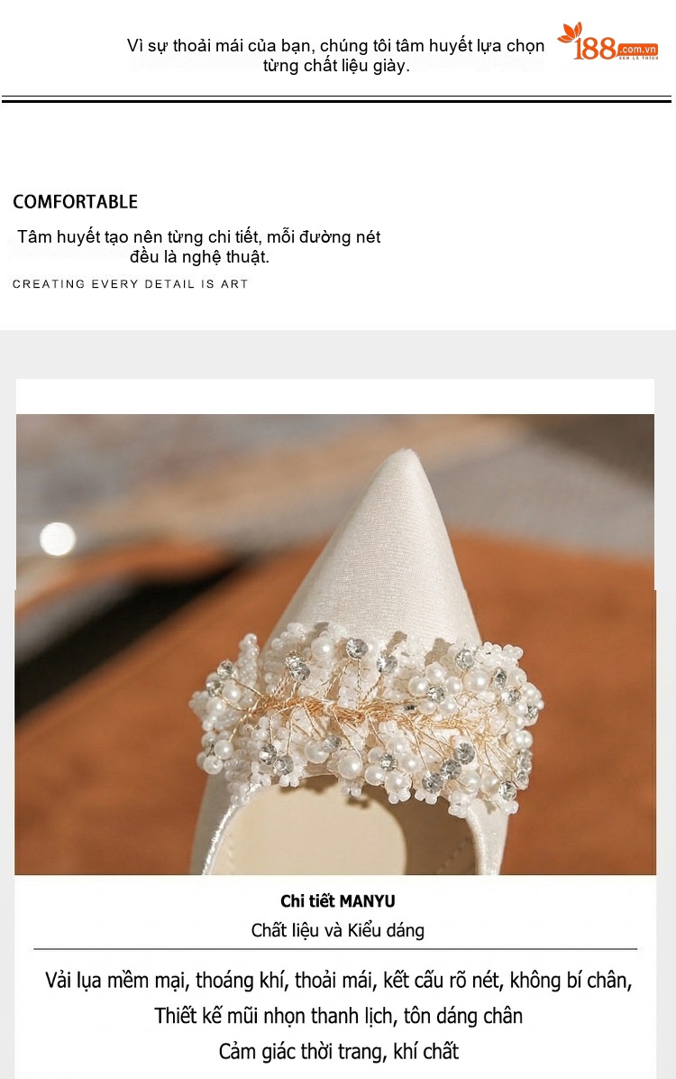 Giày Búp Bê Nữ Mũi Nhọn Đính Hạt Chiều Cao Đế Khoảng 3cm Màu Đỏ, Trắng chi tiết 5