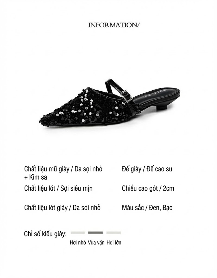 Giày Búp Bê Nữ Mũi Nhọn Đính Kim Sa Chiều Cao Đế Khoảng 3cm Hở Gót Phong Cách Tiểu Thư Màu Bạc, Đen chi tiết 2