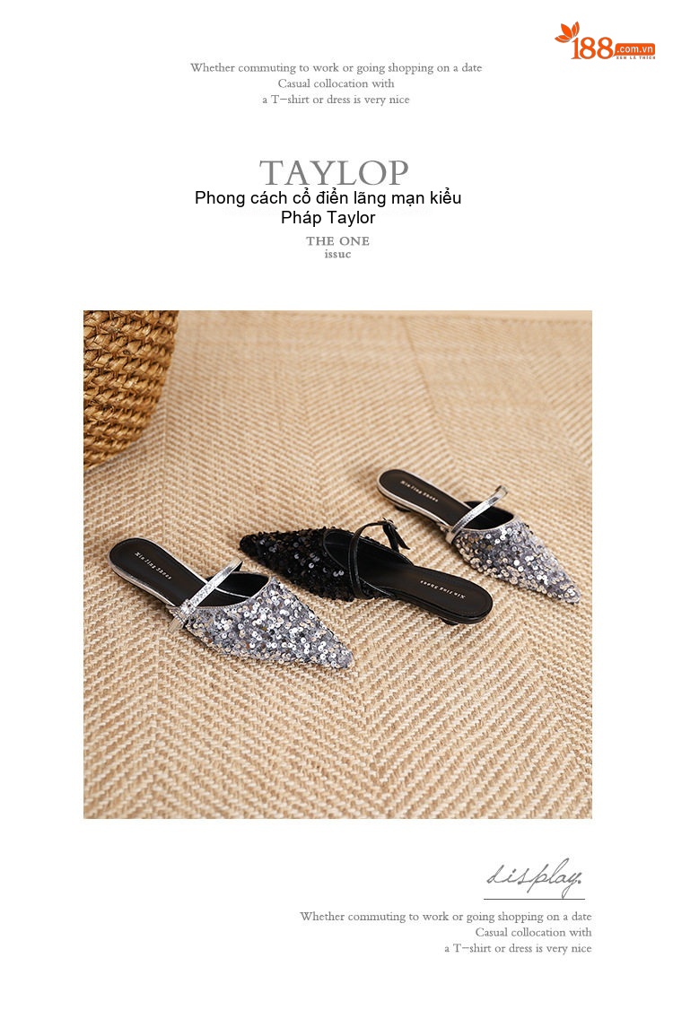 Giày Búp Bê Nữ Mũi Nhọn Đính Kim Sa Chiều Cao Đế Khoảng 3cm Hở Gót Phong Cách Tiểu Thư Màu Bạc, Đen chi tiết 19