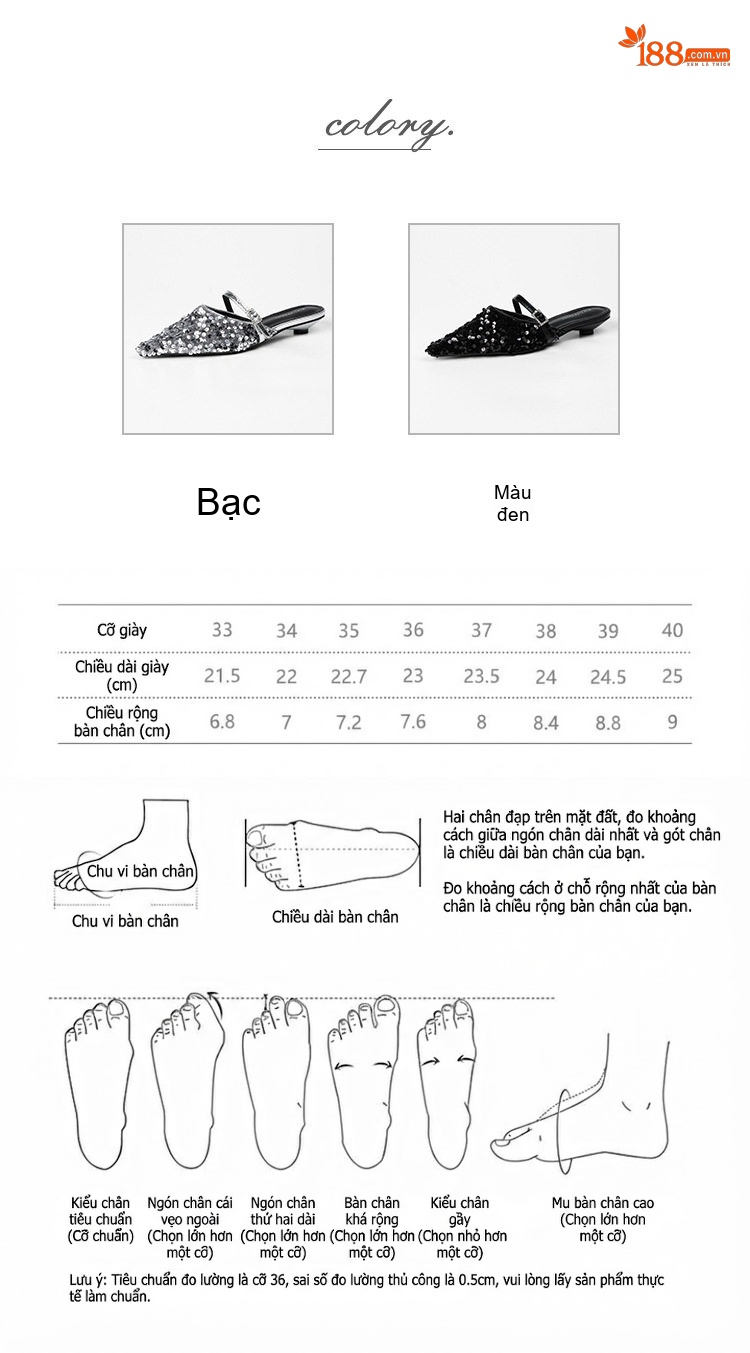 Giày Búp Bê Nữ Mũi Nhọn Đính Kim Sa Chiều Cao Đế Khoảng 3cm Hở Gót Phong Cách Tiểu Thư Màu Bạc, Đen chi tiết 4