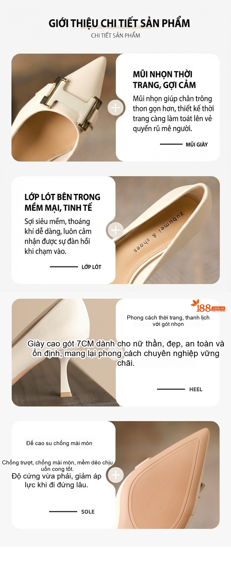 Giày Búp Bê Nữ Mũi Nhọn Gót Nhọn Chiều Cao Đế Khoảng 5cm Thiết Kế H-Buckle Phong Cách Pháp Màu Đen, Nâu, Kem chi tiết 1