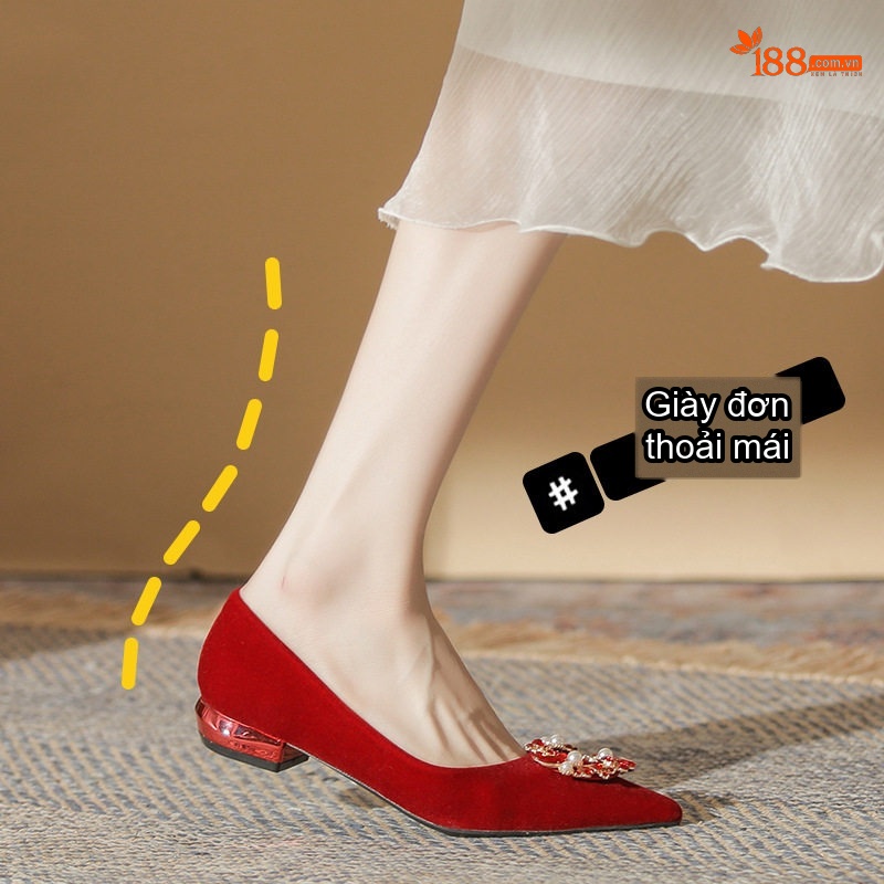 Giày Búp Bê Nữ Mũi Nhọn Gót Vuông Chiều Cao Đế Khoảng 3cm Màu Đỏ Đính Họa Tiết