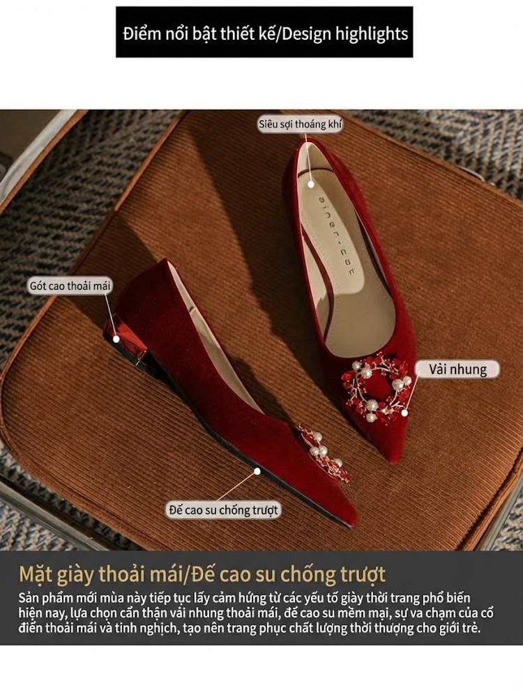 Giày Búp Bê Nữ Mũi Nhọn Gót Vuông Chiều Cao Đế Khoảng 3cm Màu Đỏ Đính Họa Tiết chi tiết 2