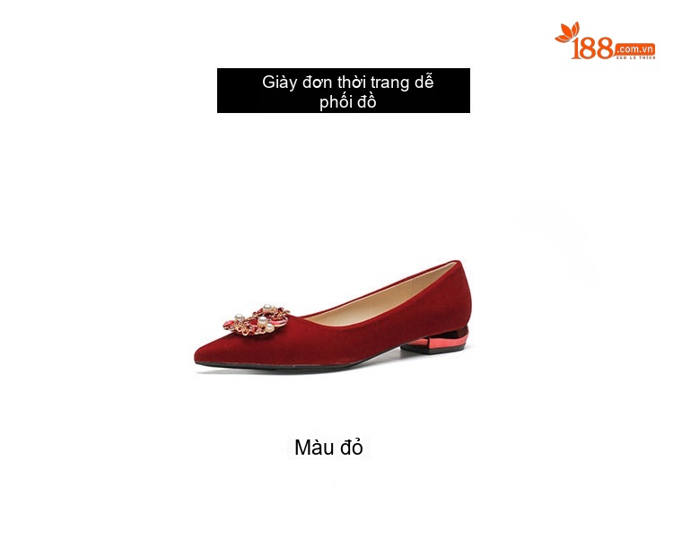 Giày Búp Bê Nữ Mũi Nhọn Gót Vuông Chiều Cao Đế Khoảng 3cm Màu Đỏ Đính Họa Tiết chi tiết 5