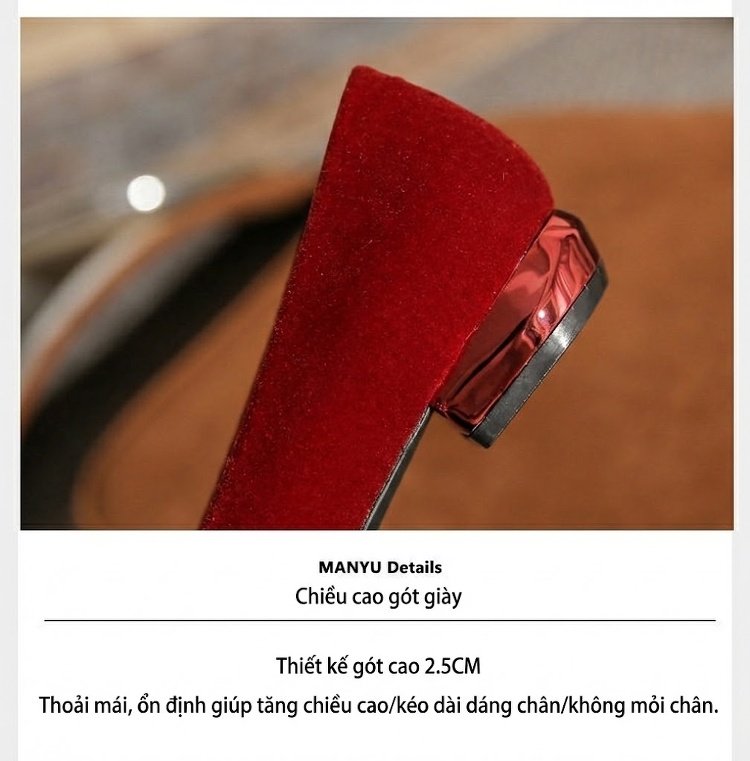 Giày Búp Bê Nữ Mũi Nhọn Gót Vuông Chiều Cao Đế Khoảng 3cm Màu Đỏ Đính Họa Tiết chi tiết 9