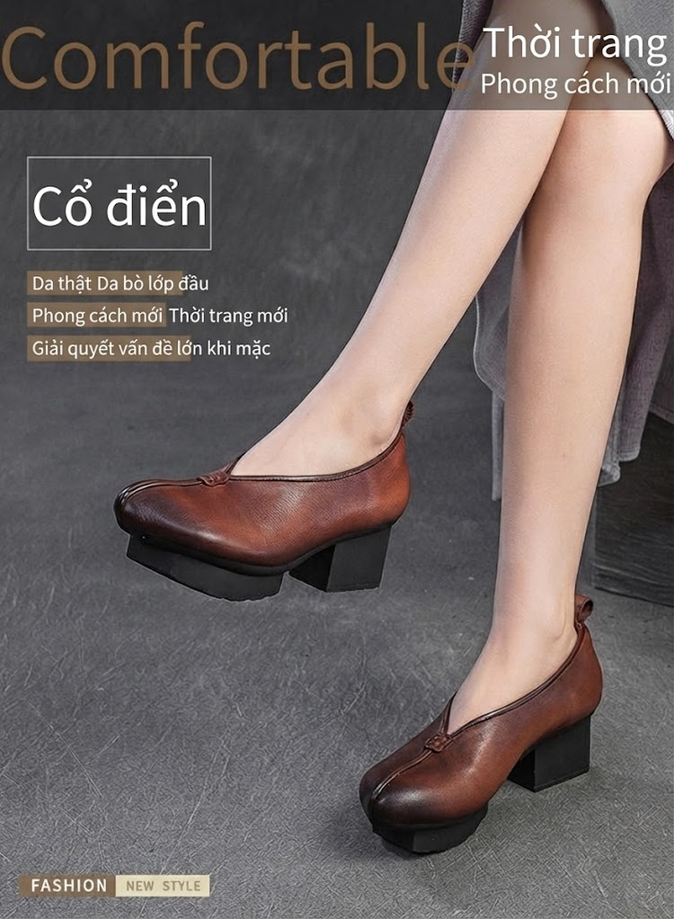 Giày Búp Bê Nữ Mũi Nhọn Gót Vuông Chiều Cao Đế Khoảng 5cm Phong Cách Retro Màu Xanh Lá, Nâu chi tiết 1