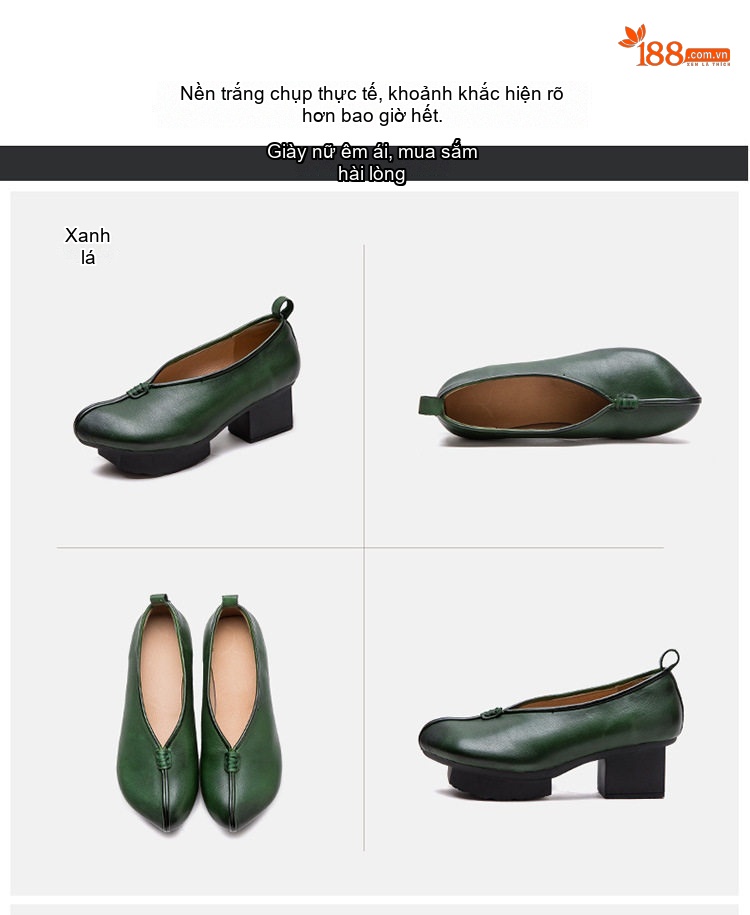 Giày Búp Bê Nữ Mũi Nhọn Gót Vuông Chiều Cao Đế Khoảng 5cm Phong Cách Retro Màu Xanh Lá, Nâu chi tiết 16