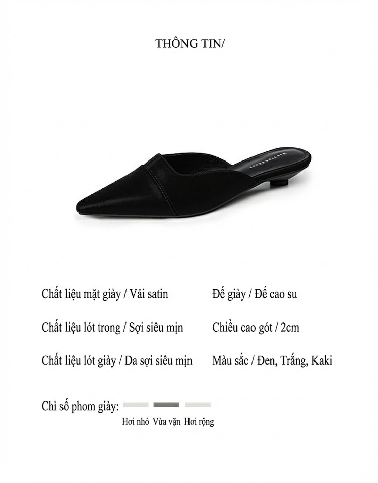 Giày Búp Bê Nữ Mũi Nhọn Hở Gót Chiều Cao Đế Khoảng 2cm Phong Cách Tiểu Thư Màu Đen, Trắng, Kem chi tiết 2