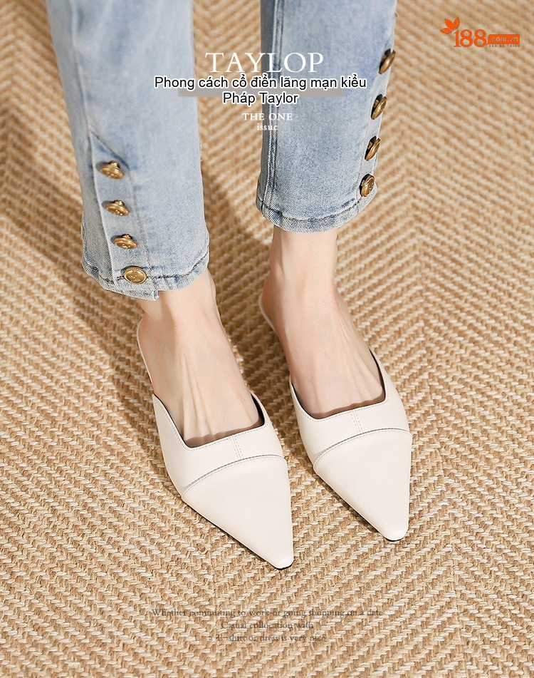 Giày Búp Bê Nữ Mũi Nhọn Hở Gót Chiều Cao Đế Khoảng 2cm Phong Cách Tiểu Thư Màu Đen, Trắng, Kem chi tiết 3